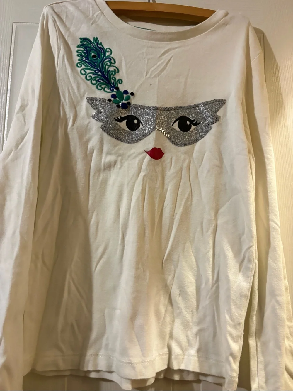 Gymboree White Long Sleeve Mask Face Top with Teal Feather